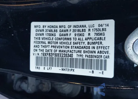 2014 Honda Civic Lx z USA, uszkodzony, nr VIN 19XFB2F50EE235340
